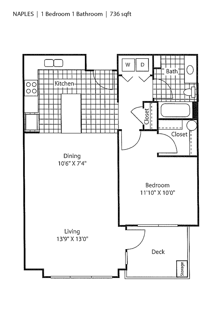 Floor plan for 1 bed, 1 bath, 736 sqft